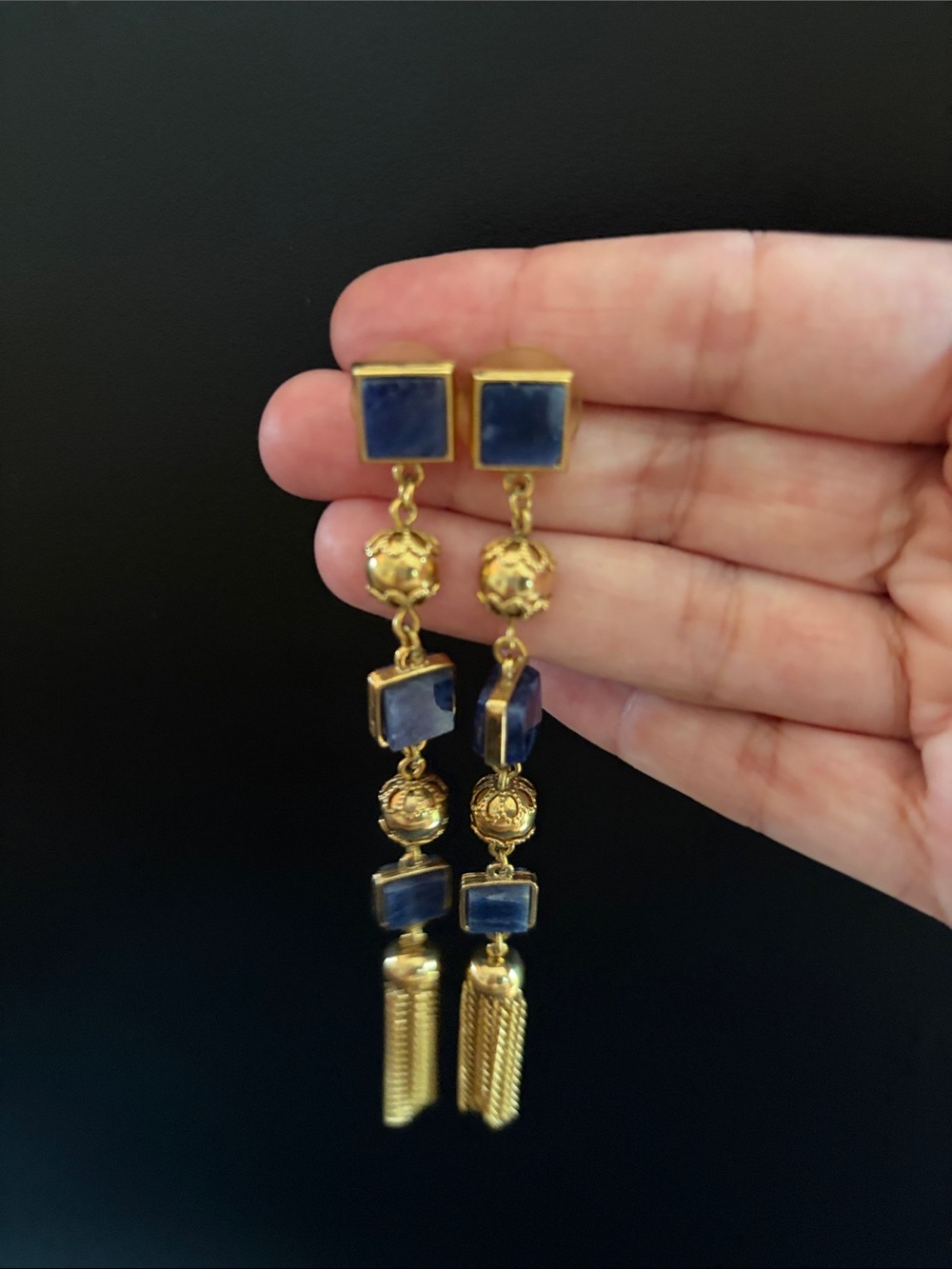 Vintage Gold Tassel Drop Earrings with Blue Stone Squares